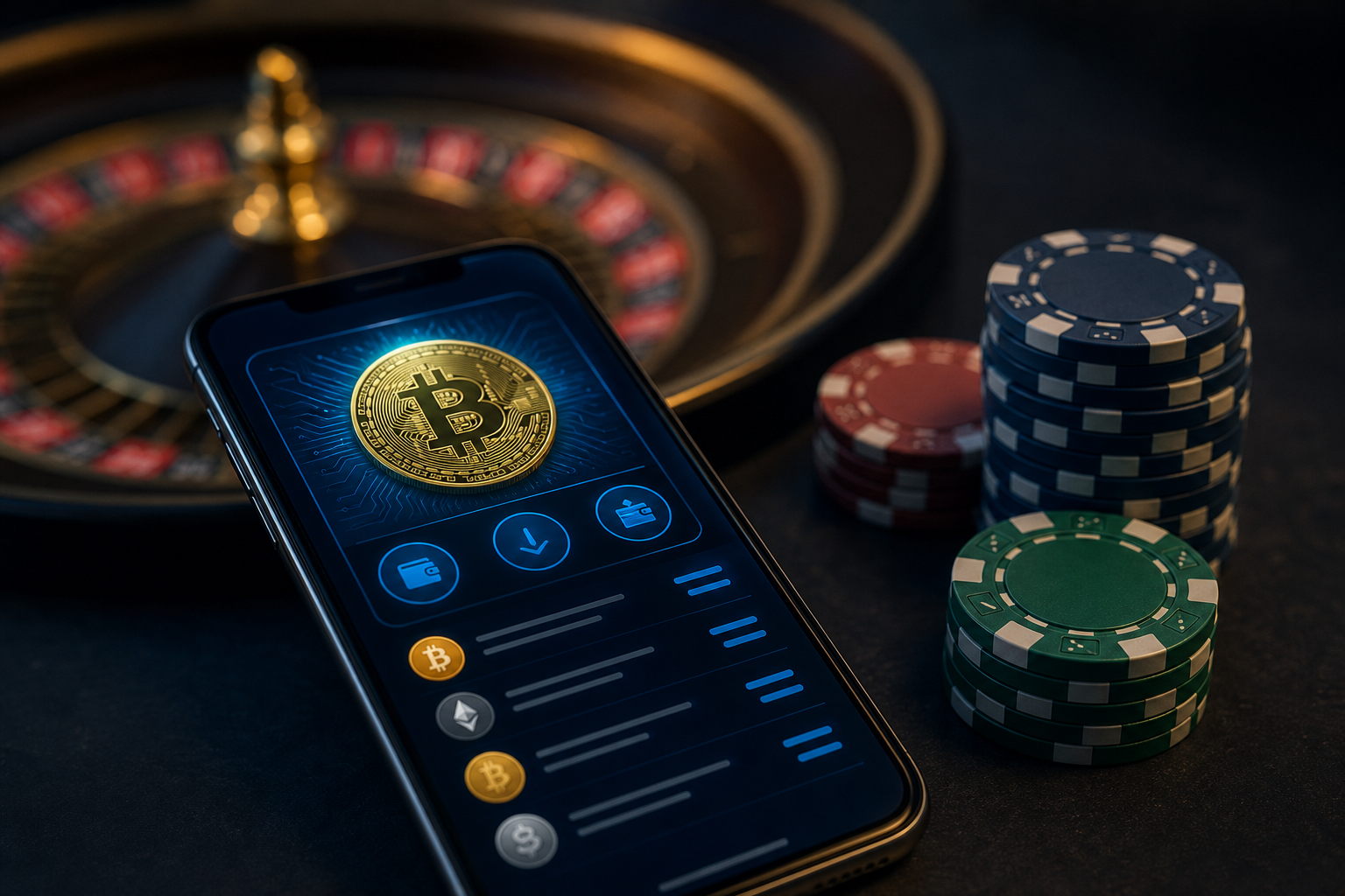 Smartphone con una billetera de criptomonedas junto a fichas de casino y una ruleta desenfocada