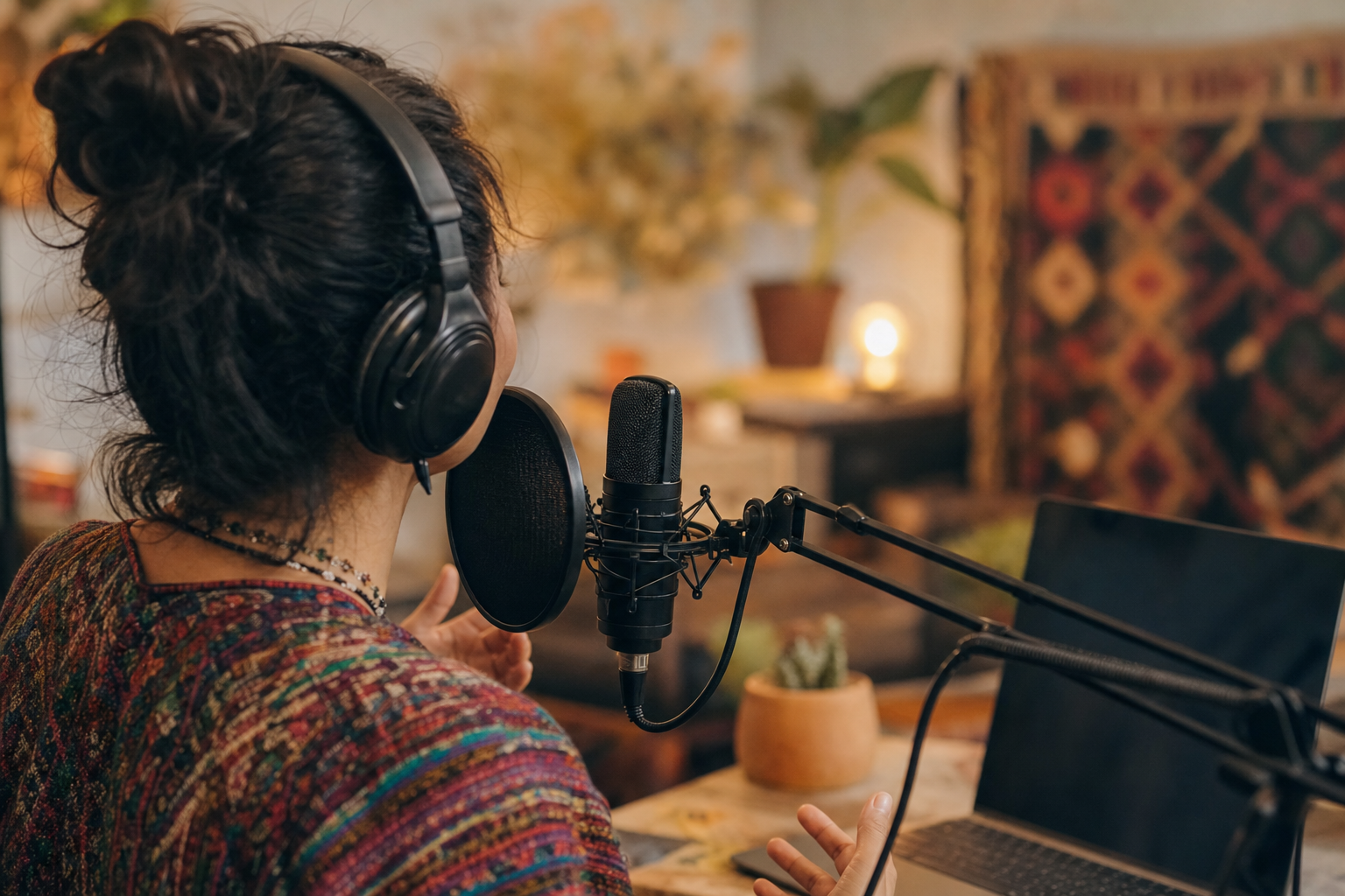 Estudio de podcast hogareño con micrófono profesional y auriculares bajo luz cálida